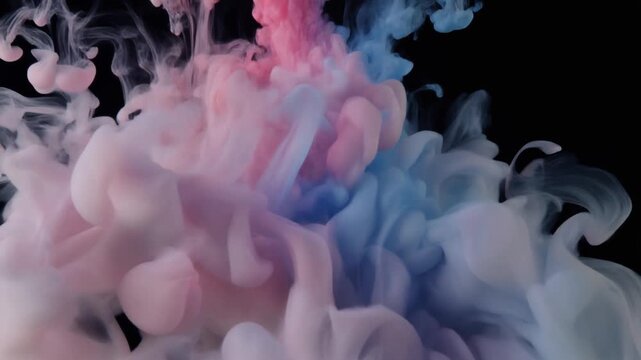 Mesmerizing dance of vibrant pink and blue inks swirling gracefully in clear water against a dark backdrop, creating an ethereal and dynamic abstract art composition