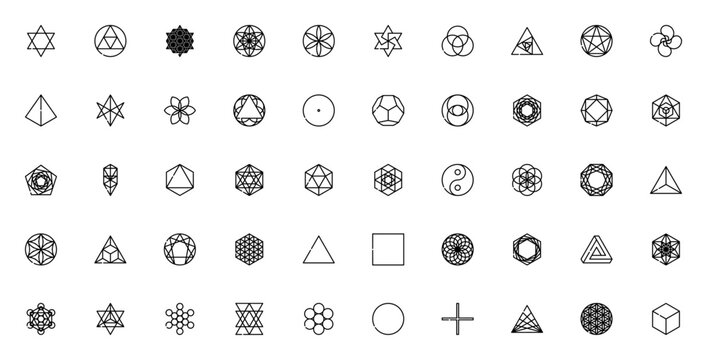 Sacred Geometry icon set. Minimal line art symbols. Vector collection featuring Flower of life, Metatron cube, Merkaba, Seed of life, Star of David, Yin yang, Torus, Vesica piscis and more.