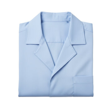 Light blue medical lab coat neatly folded in a rectangular shape on a white studio background with visible fabric texture and sharp stitching, clinical hygiene