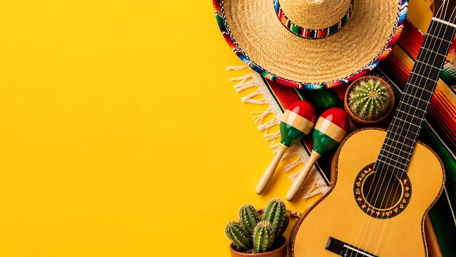 Flat lay of acoustic guitar with mexican sombrero and maracas on yellow surface.