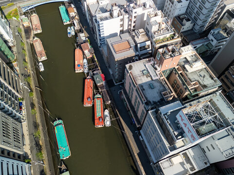 Kanda River Asakusa Tokyo skyline aerial view on sunny day urban landscape