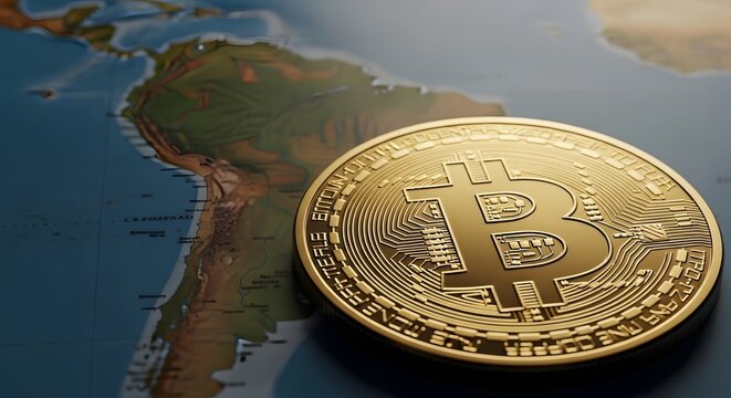 Bitcoin and global finance a golden cryptocurrency coin over world map