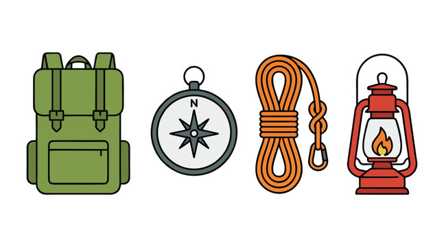 Green backpack and navigation compass with orange climbing rope and red camping lantern for outdoor adventure travel and hiking trips