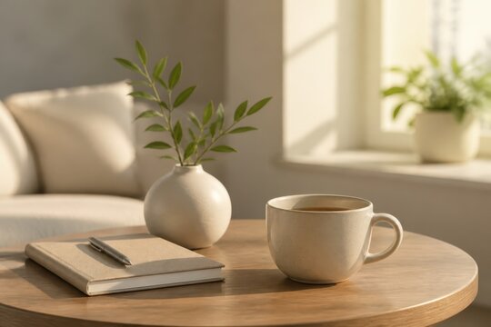Cozy morning coffee with notebook and plant on a sunlit table in a modern home interior