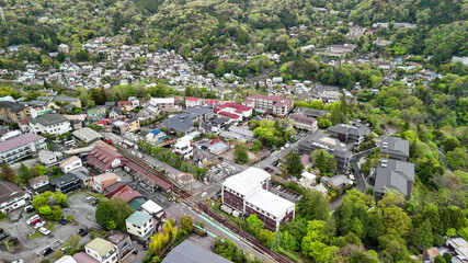 Fototapeta premium Gora Hakone Japan aerial panorama of mountains hot springs ryokans