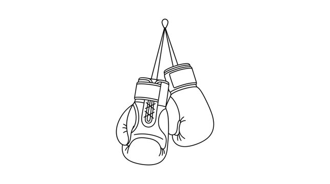 Line art illustration of a pair of boxing gloves hanging on a hook, symbolizing the sport, training, or a completed fight.