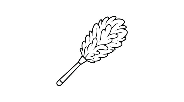 Simple black and white line art illustration of a classic feather duster, a common household cleaning tool.