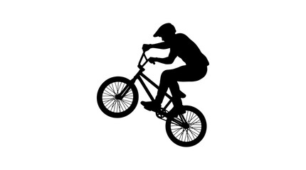 Naklejka premium Silhouette of a person performing a wheelie on a BMX bicycle, depicted in black against a plain white background.