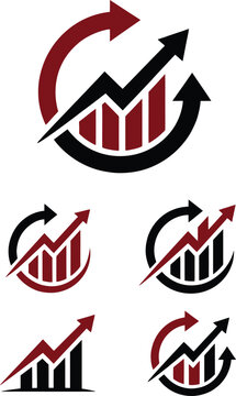 Collection of five professional business logos featuring upward arrows and growth charts in red and black colors.