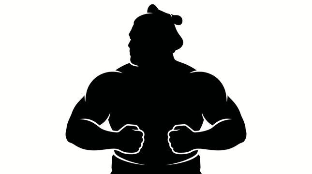 Black silhouette of a powerful sumo wrestler flexing his muscles against a stark white background, showcasing strength.