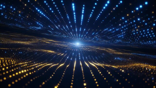 Abstract Digital Light Network Futuristic Technology Background with Blue and Gold Glowing Particles