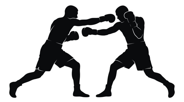 Two silhouetted boxers engaged in a dynamic fight, one throwing a jab and the other defending, illustrating a boxing match.