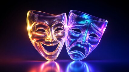 Fototapeta na wymiar Dramatic theater masks comedy and tragedy vibrant neon lighting and reflections high-quality