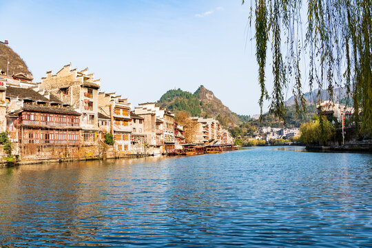 Panoramic Winter Sunset Scenery of Zhenyuan Ancient Town in Qiandongnan, Guizhou, China