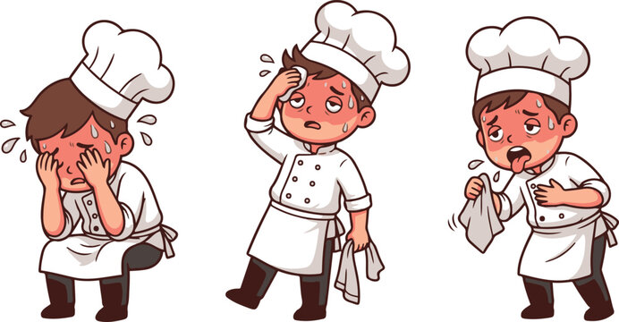 Cute cartoon chef boy character set showing different cooking emotions and poses isolated on white background.