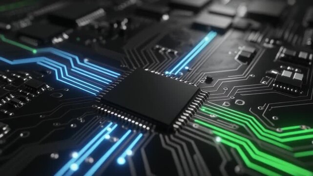 Glowing blue microchip with circuit board lines lighting up and spreading on a dark background, AI processor and semiconductor technology concept