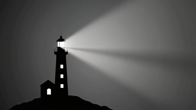 A striking silhouette of a lighthouse on a hill, its powerful beam cutting through the dark, guiding ships at sea.