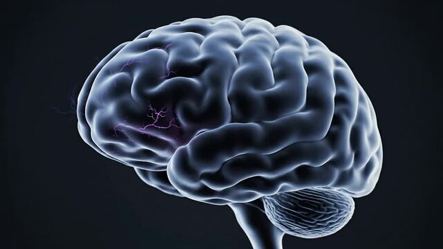 4K CGI Visualization of Prefrontal Cortex Underactivity in Human Brain Highlighting Electrical Activity Against Dark Background