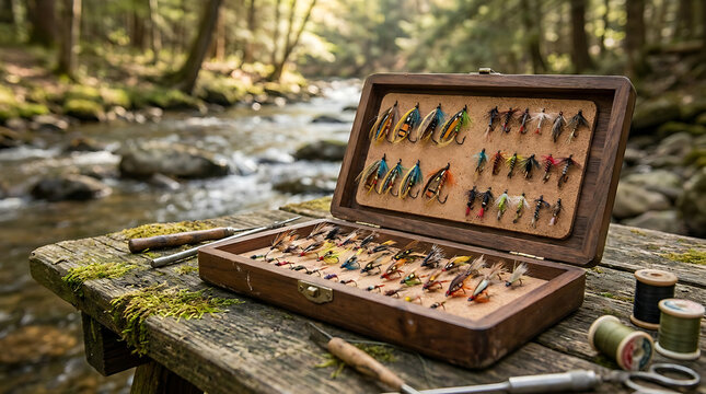 Hand-tied fishing flies meticulously organized in a wooden tackle box beside a flowing river