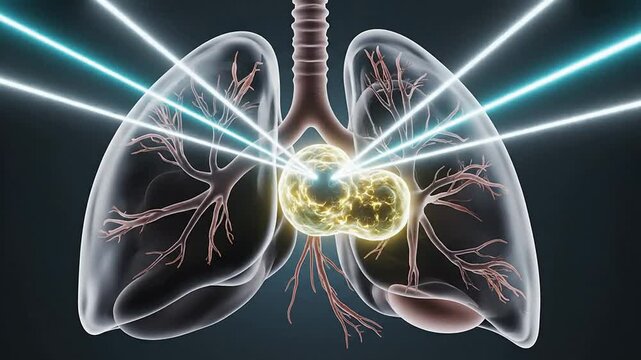 4K CGI Visualization of Radiation Therapy Targeting Lung Cancer Cells with Laser Beams in Detailed Anatomical Context
