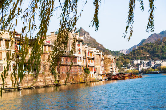Panoramic Winter Sunset Scenery of Zhenyuan Ancient Town in Qiandongnan, Guizhou, China