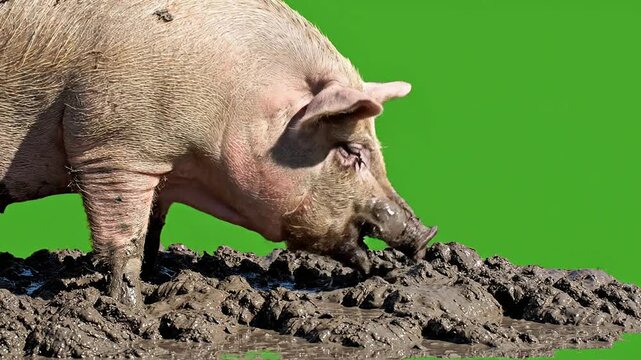 Close-up Footage of a Pig Foraging in Muddy Ground with Flyaway Fur and Green Chroma Key Background for Editing