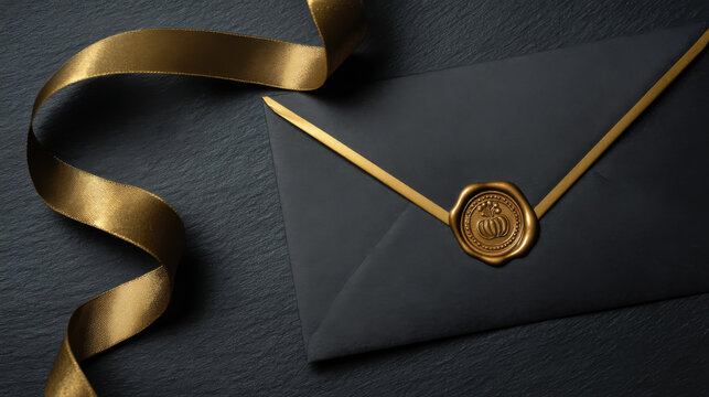 Black envelope gold ribbon wax seal, luxury invitation, elegant greeting card design, festive celebration mood