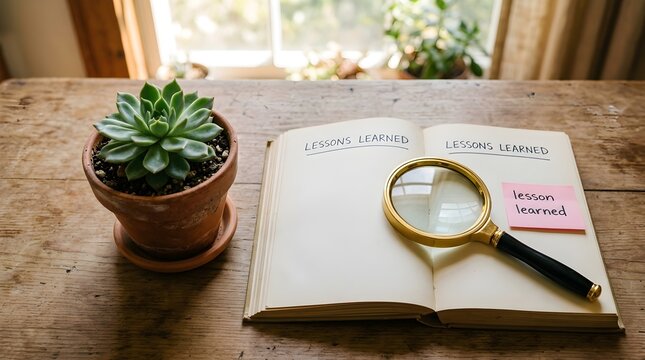 Reflecting on past experiences and gaining valuable insights to foster personal and professional growth, illuminated by focused analysis on a wooden desk