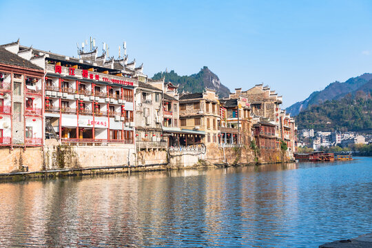 Panoramic Winter Sunset Scenery of Zhenyuan Ancient Town in Qiandongnan, Guizhou, China