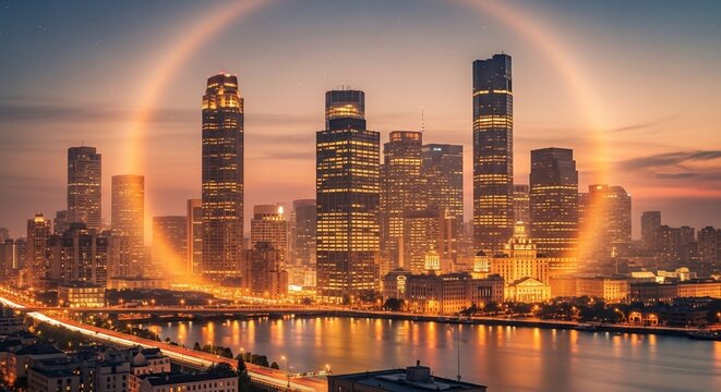 Cityscape skyline illuminated buildings
