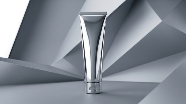 Sleek metallic cosmetic tube for beauty product packaging presented on a modern minimalist studio backdrop, featuring elegant skincare container design for premium branding
