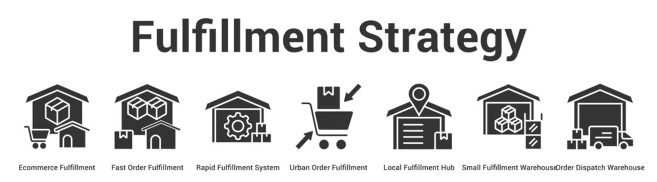 Fulfillment Strategy web banner icon set vector illustration concept for business with icon of Ecommerce Fulfillment, Fast Order Fulfillment, Rapid Fulfillment System, Urban Order Fulfillment, Lo.