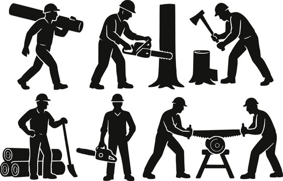 Lumberjack logger woodcutter chainsaw silhouette vector illustration set