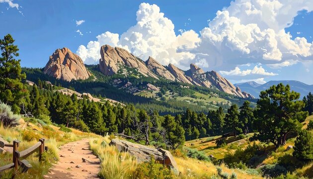 A scenic outdoor image of a mountain landscape with a walking path, trees, and dramatic cloud formations