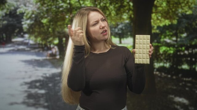 Blonde woman holds white chocolate bar at eye level while scratching head with left hand in tree lined street; confusion taste doubt.