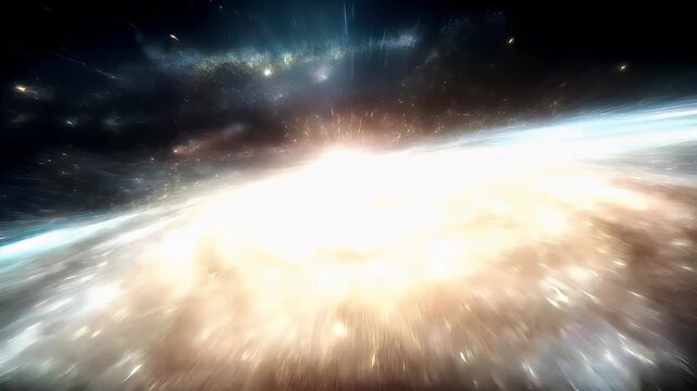 Space universe exploration, fantasy, mysterious. A vivid, highresolution digital artwork depicts a cosmic scene. A swirling galaxy is the central focus, surrounded by a burst of light and dust.