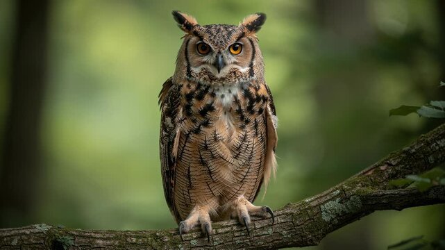 Close up of a majestic owl perched on a tree branch in a green forest with sharp eyes and detailed feathers