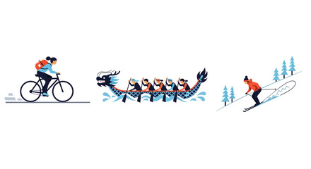 Cyclist On Bicycle Rider Athlete Rowers Team Skier In Action. © Rondo
