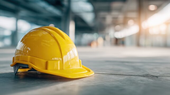 Yellow safety helmet placed on concrete floor inside a spacious industrial building with bright natural light in the background and blurred structural elements