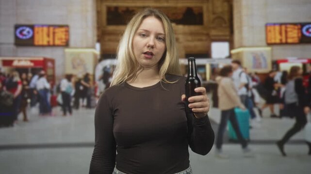 Blonde woman holding a beer bottle, hand to chest, standing amid a busy train station concourse with departure boards visible; tipsy confusion.