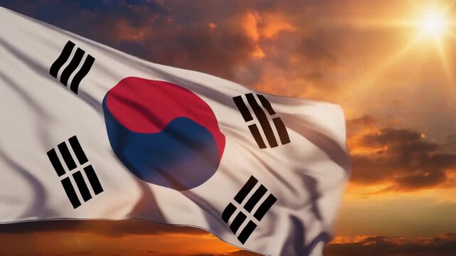 South Korean Flag Waving Gracefully in the Wind Against Clear Blue Sky in Slow Motion