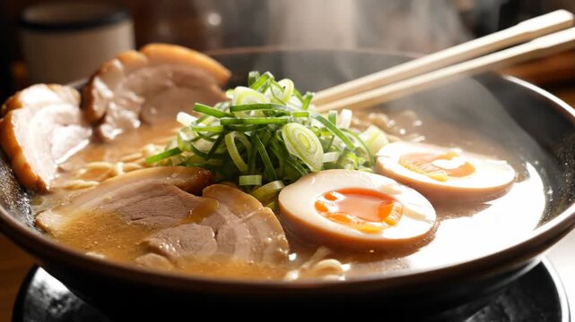 Authentic bowl of Japanese ramen soup with sliced chashu pork, soft-boiled marinated eggs, chopped green onions, and wooden chopsticks resting on the edge of a black ceramic bowl.