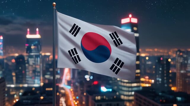 South Korean Flag Waving Gracefully in the Wind Against Clear Blue Sky in Slow Motion