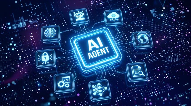 Artificial Intelligence Agent orchestrating digital functions and data processing on a futuristic circuit board, symbolizing advanced technological evolution