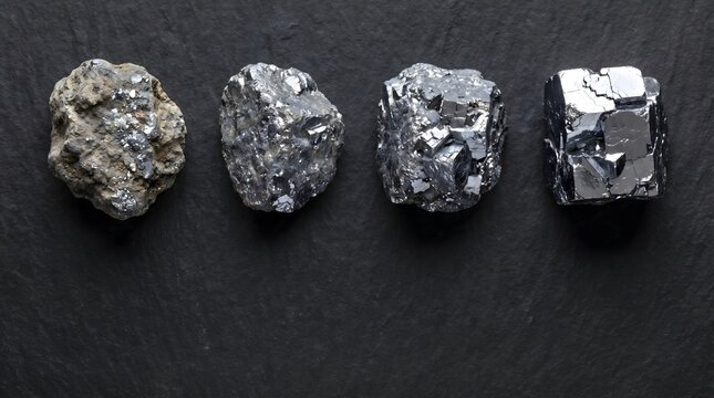 Galena mineral specimens against dark background, scientific study and geological research industrial mineral extreme close-up, geological texture, copy space