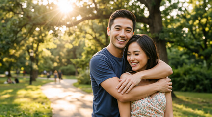 Fototapeta premium Happy Asian couple hugging in a sunny park. Young man and woman embracing outdoors among green trees. Romantic relationship and summer lifestyle concept