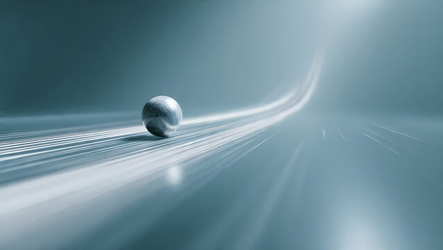 Metallic sphere rolling fast on a light trail track, concept of speed, momentum and future technology