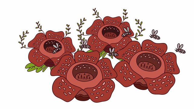 group of four rafflesia arnoldii flowers with small flying insects