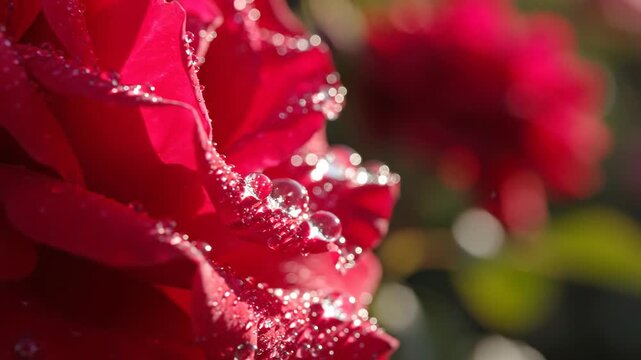 Macro shot of red rose petals featuring shimmering water droplets and morning dew reflecting light, captured with a shallow depth of field and soft bokeh background in a garden.