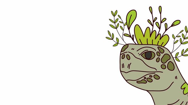 head of a green turtle with plants growing from head